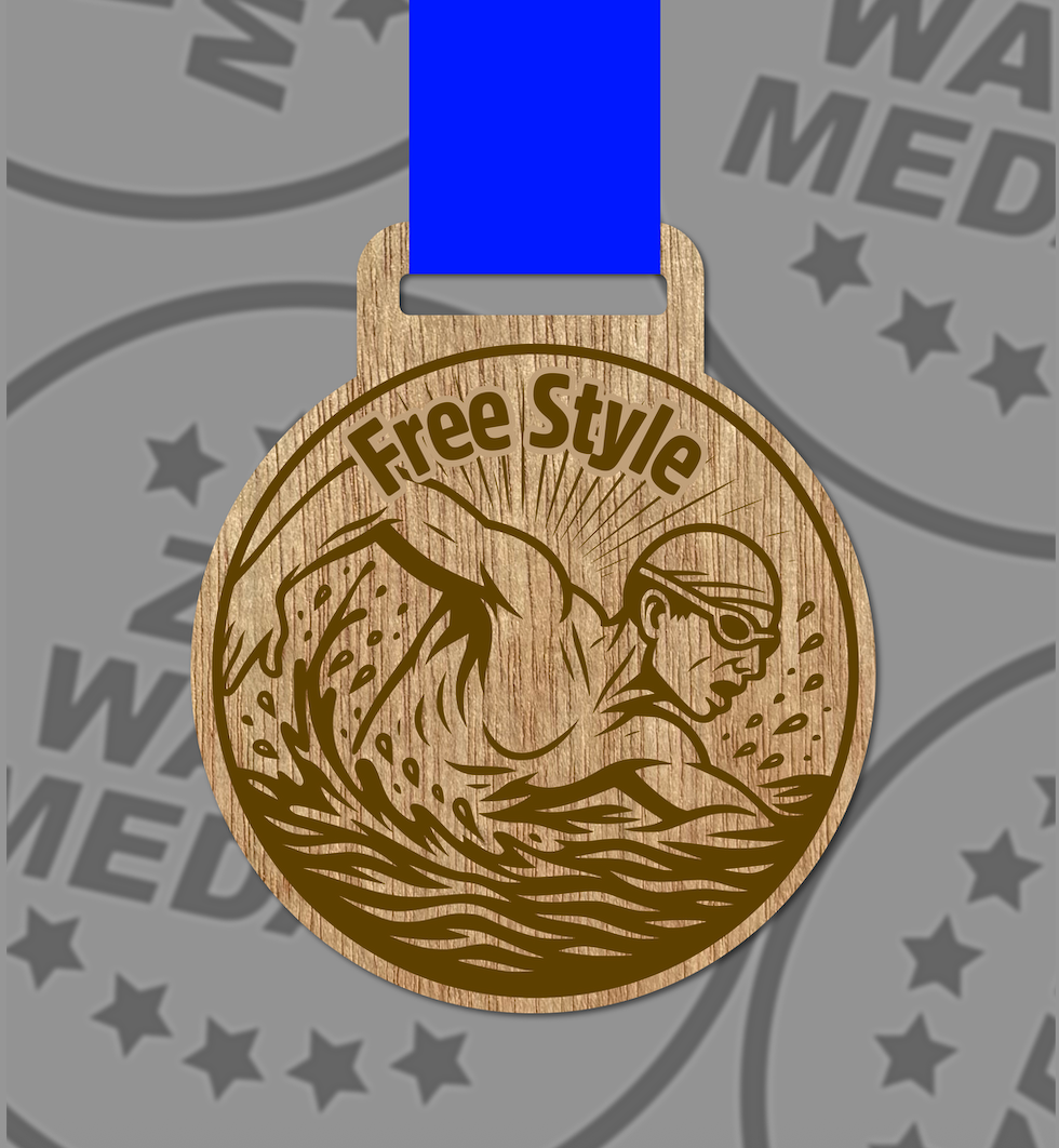 Engraved Wooden Freestyle Medal 65mm β Sustainable Eco-Friendly Swimming Award | UK Made with Custom Ribbon Colours