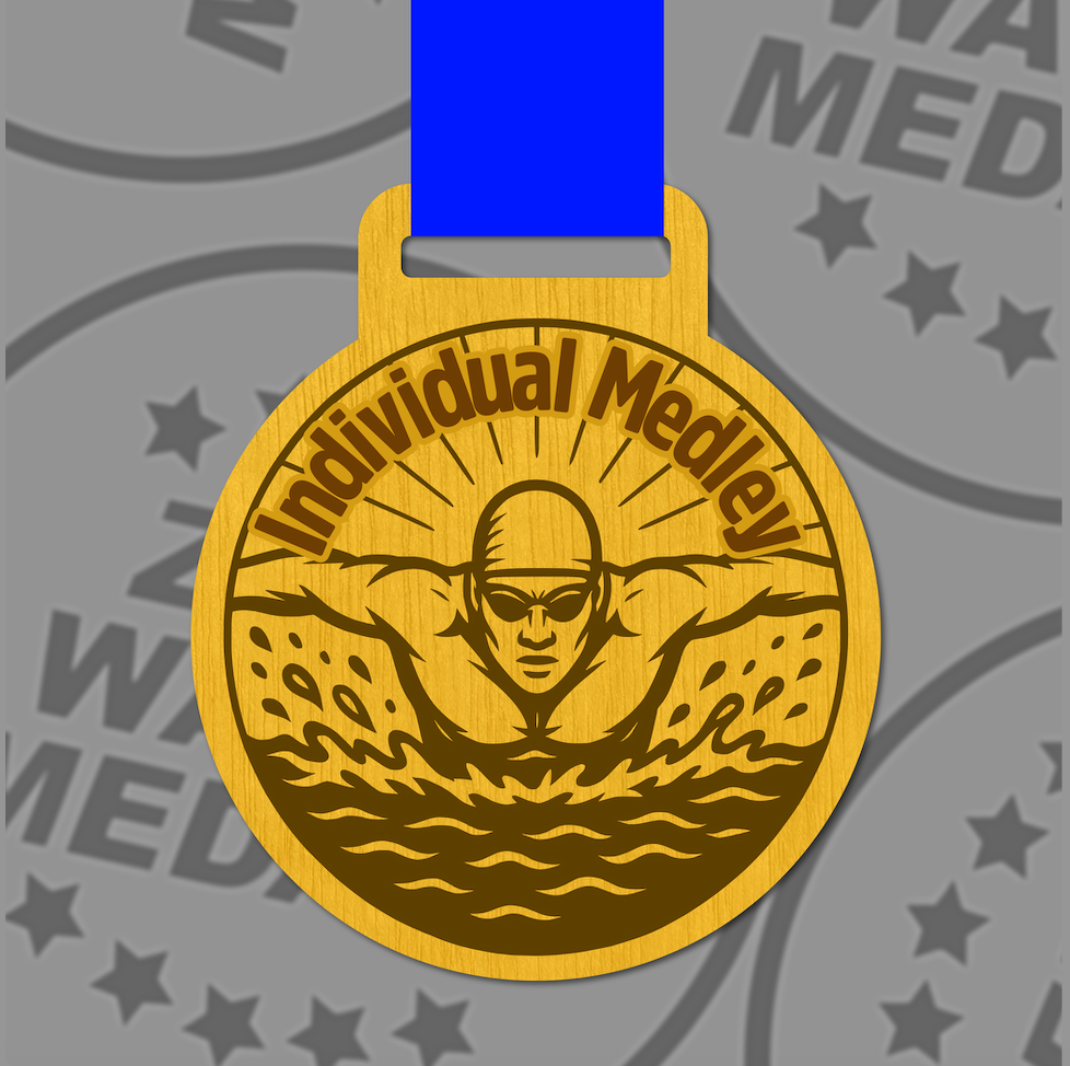 Engraved Wooden Individual Medley Medal 65mm – Sustainable Eco-Friendly Swimming Award | UK Made with Custom Ribbon Colours
