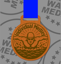 Load image into Gallery viewer, Engraved Wooden Individual Medley Medal 65mm – Sustainable Eco-Friendly Swimming Award | UK Made with Custom Ribbon Colours