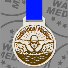 Load image into Gallery viewer, Engraved Wooden Individual Medley Medal 65mm – Sustainable Eco-Friendly Swimming Award | UK Made with Custom Ribbon Colours