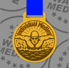 Load image into Gallery viewer, Engraved Wooden Individual Medley Medal 65mm – Sustainable Eco-Friendly Swimming Award | UK Made with Custom Ribbon Colours