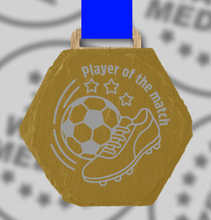 Load image into Gallery viewer, Gold Spray-Painted Engraved Slate Medals – Hexagon, Square & Circle Football Medals 20 Pack