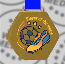 Load image into Gallery viewer, Gold Spray-Painted Colour Printed Slate Football Medals – Hexagon, Square & Circle 20 Pack