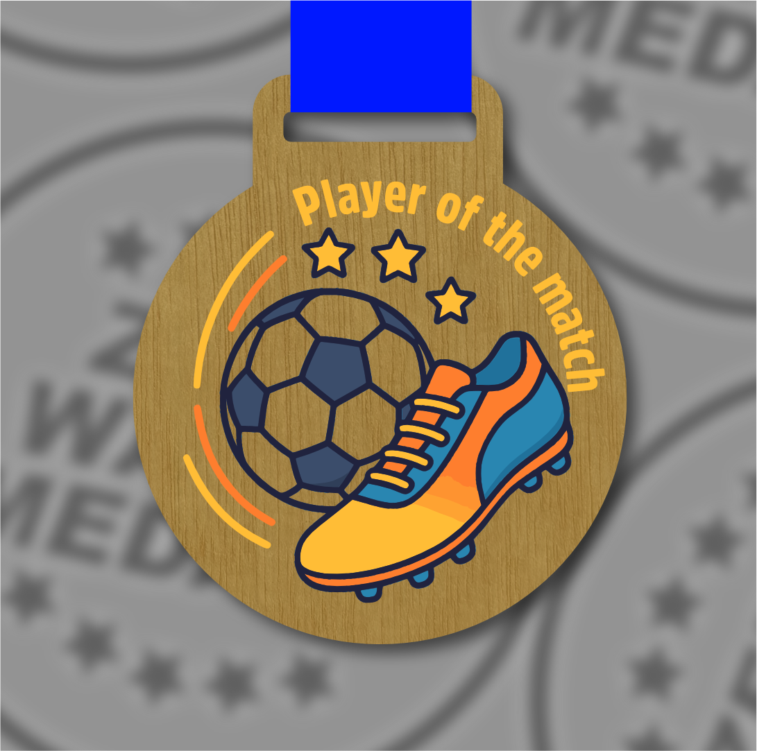 55mm Gold Wooden Player of the Match Medal – Full Colour Printed Football Medal 20 Pack