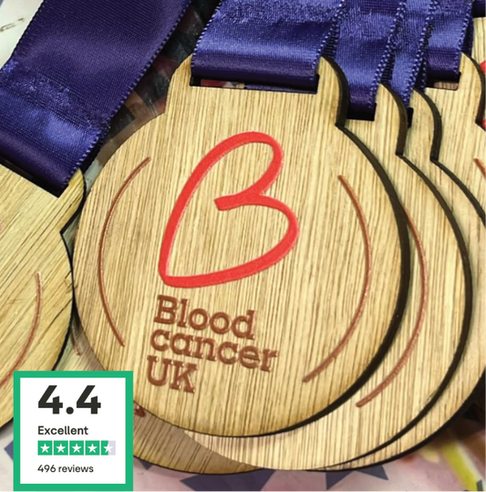 Blood Cancer UK charity event engraved wooden medal purple ribbon