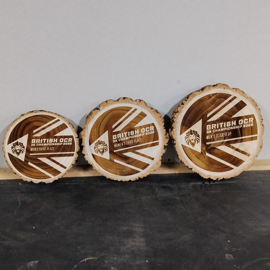 BRITISH OCR 3K CHAMPIONSHIP 2026 obstacle race engraved log slice trophy
