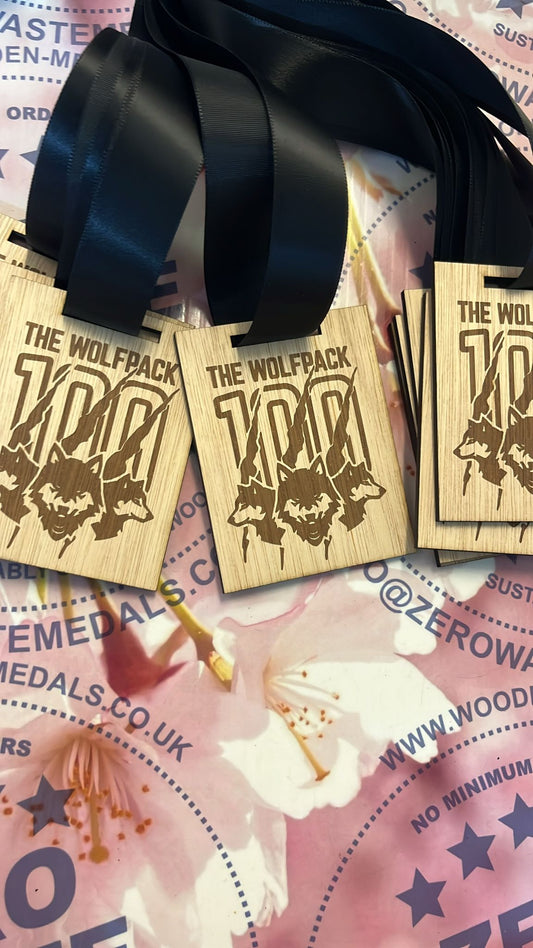THE WOLFPACK 100 running race engraved wooden medal