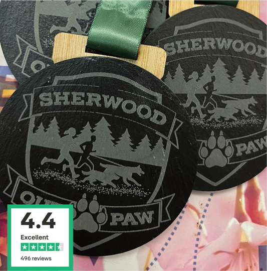 Sherwood Paw community event slate medal engraved logo runners dogs trees