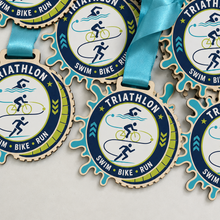 Load image into Gallery viewer, Triathlon Medal - Colour Cog &amp; Splash Design
