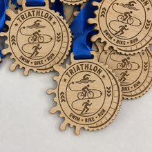 Load image into Gallery viewer, Triathlon Medal - Cog &amp; Splash Design
