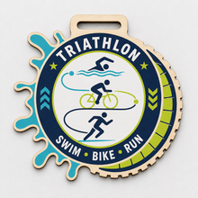 Load image into Gallery viewer, Triathlon Medal - Colour Cog &amp; Splash Design
