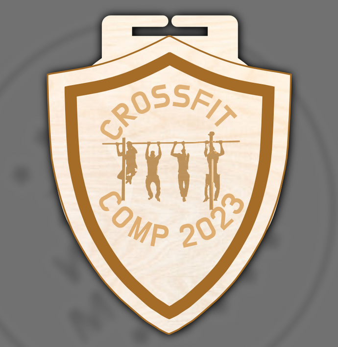 Engraved Shield Wood Crossfit Medal