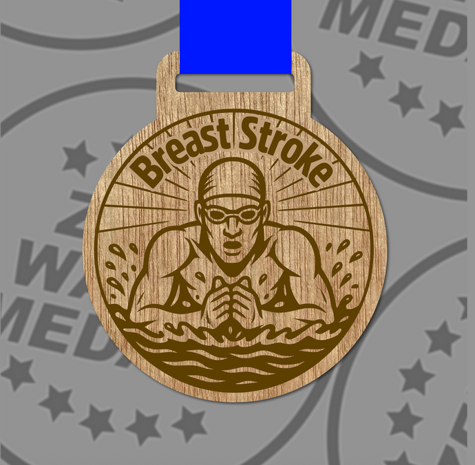 Engraved Wooden Breaststroke Medal 65mm – Sustainable Eco-Friendly Award | UK Made with Custom Ribbon Colours