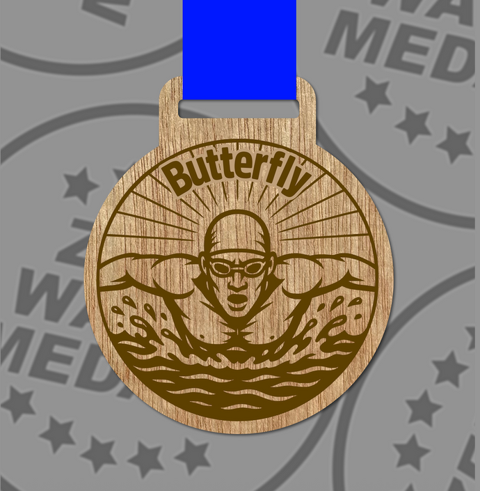 Engraved Wooden Butterfly Medal 65mm – Sustainable Eco-Friendly Swimming Award | UK Made with Custom Ribbon Colours
