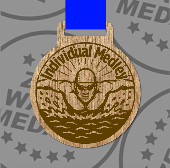Engraved Wooden Individual Medley Medal 65mm – Sustainable Eco-Friendly Swimming Award | UK Made with Custom Ribbon Colours