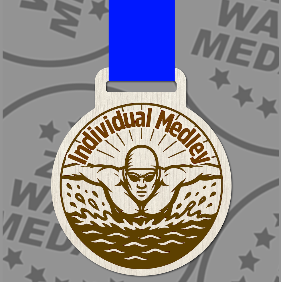 Engraved Wooden Individual Medley Medal 65mm – Sustainable Eco-Friendly Swimming Award | UK Made with Custom Ribbon Colours