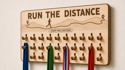 A rectangular wooden wall-mounted race board engraved with 'RUN THE DISTANCE' and 'EVERY MILE MATTERS,' featuring multiple hooks holding blue, green, red, and striped medals against a light wall.
